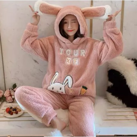 Bộ đồ lông thỏ, Bộ đồ nỉ lông siêu đẹp, ấm, màu hồng | BigBuy360 - bigbuy360.vn