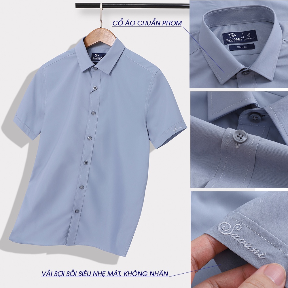 Áo sơ mi nam ngắn tay trơn  SAVANI trẻ trung, lịch lãm, vải sợi sồi không nhăn, thoáng mát MSS0162