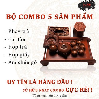 Combo 5 sản phẩm khay trà gỗ hương mỹ nghệ cao cập kèm hộp trà, hộp giấy, ấm trà, gạt tàn gỗ làng nghề Đồng Kỵ
