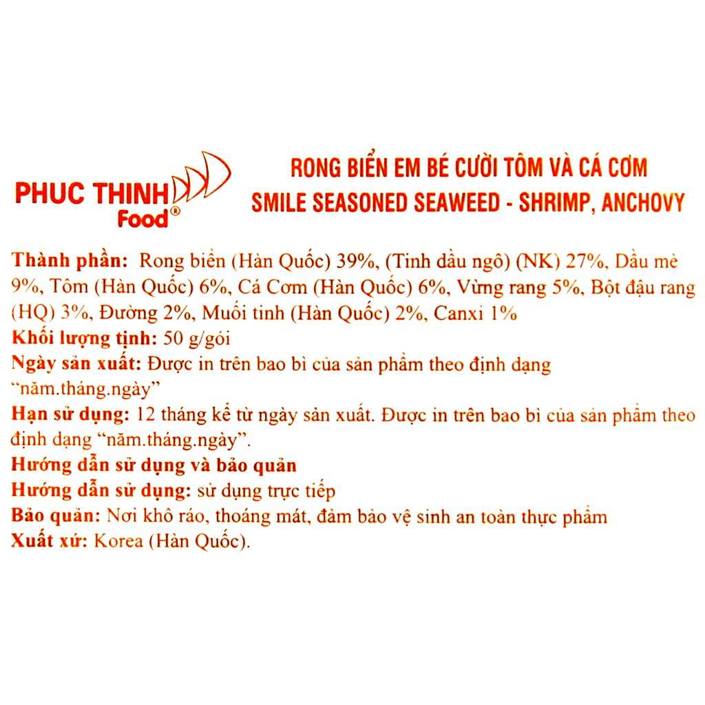 (Date mới) Rong Biển Cá Cơm Em Bé Cười - Vị Tôm & Cá Cơm/ Hạnh Nhân & Hướng Dương/ Phô Mai/ Trứng Cá - 50G