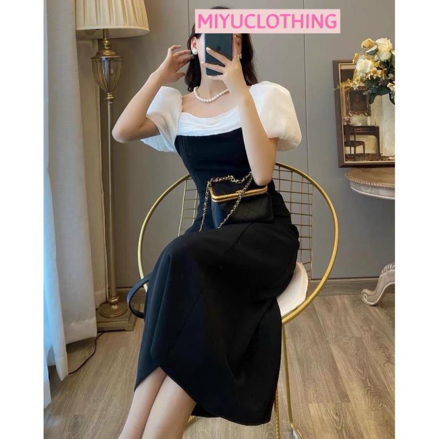 Váy đen dự tiệc sang chảnh váy ăn tiệc cưới sexy đầm phối tay trắng bồng dáng dài quyến rũ xinh Miyu Clothing