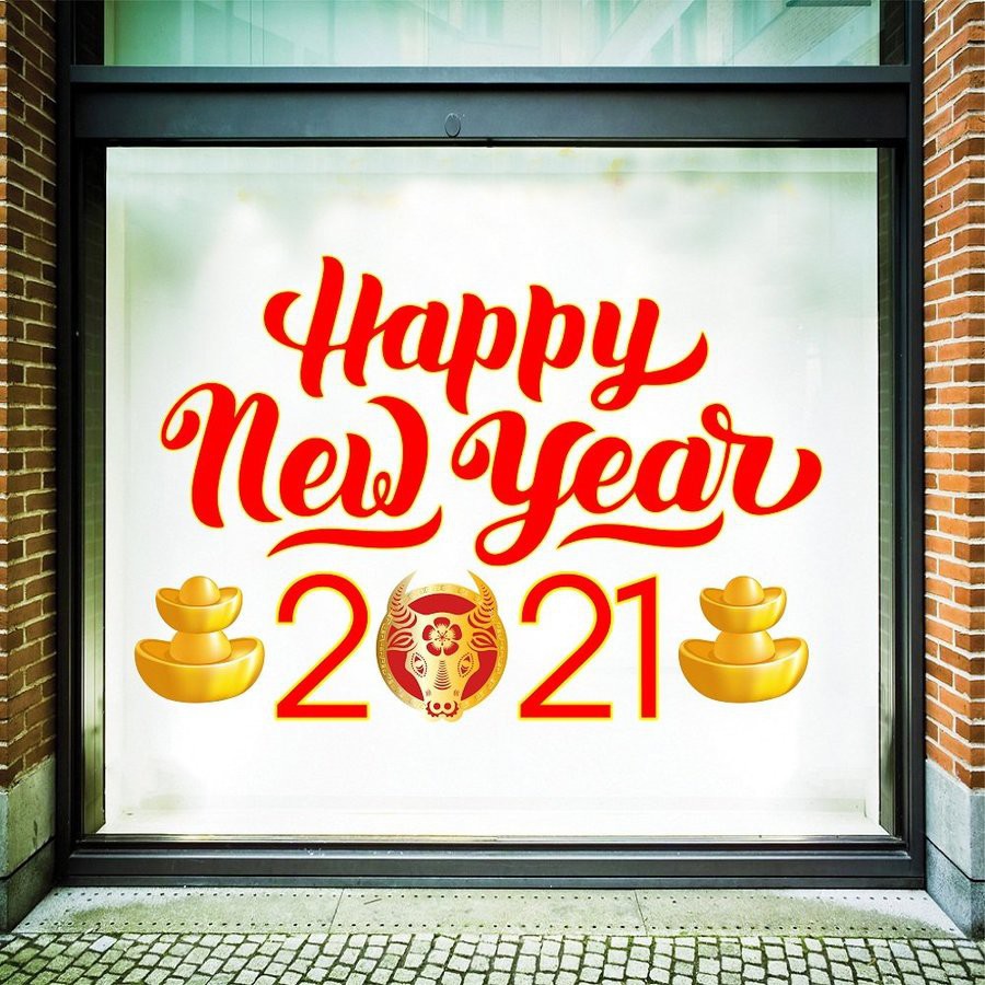 Decal chúc Tết 2021 Happy new year có keo sẵn dán được trên tường và kính