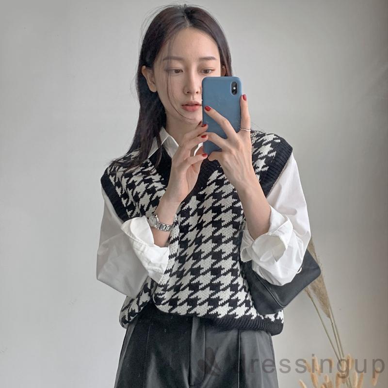 Áo Len Không Tay Dáng Rộng Cổ Chữ V In Họa Tiết Độc Đáo Cho Nữ