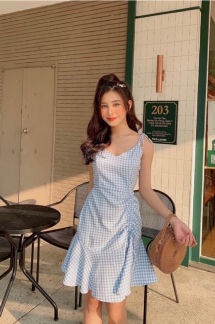ĐẦM 2S CARO XANH BIỂN RÚT CHÂN VÁY - MI DRESS