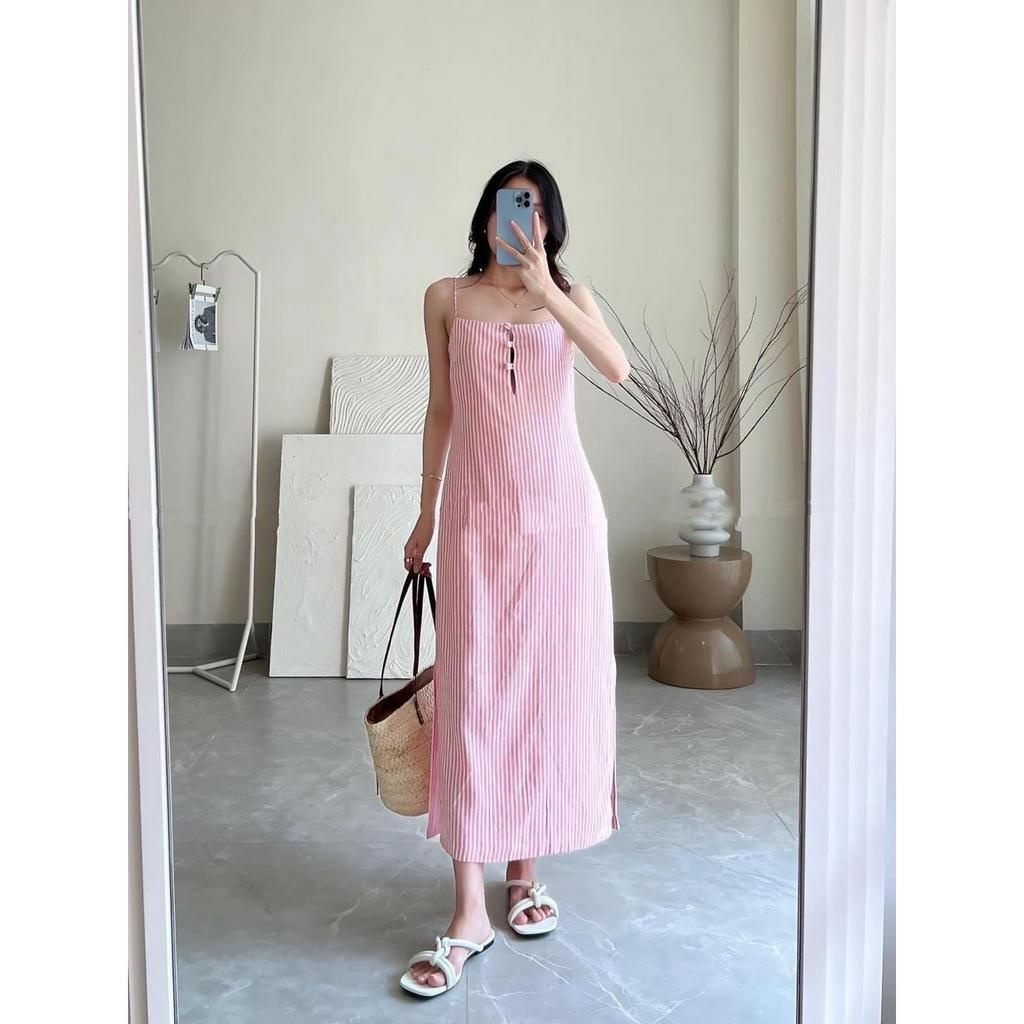 Đầm 2 dây kẻ sọc nút trước xẻ tà dáng dài thời trang Callene (L1912)