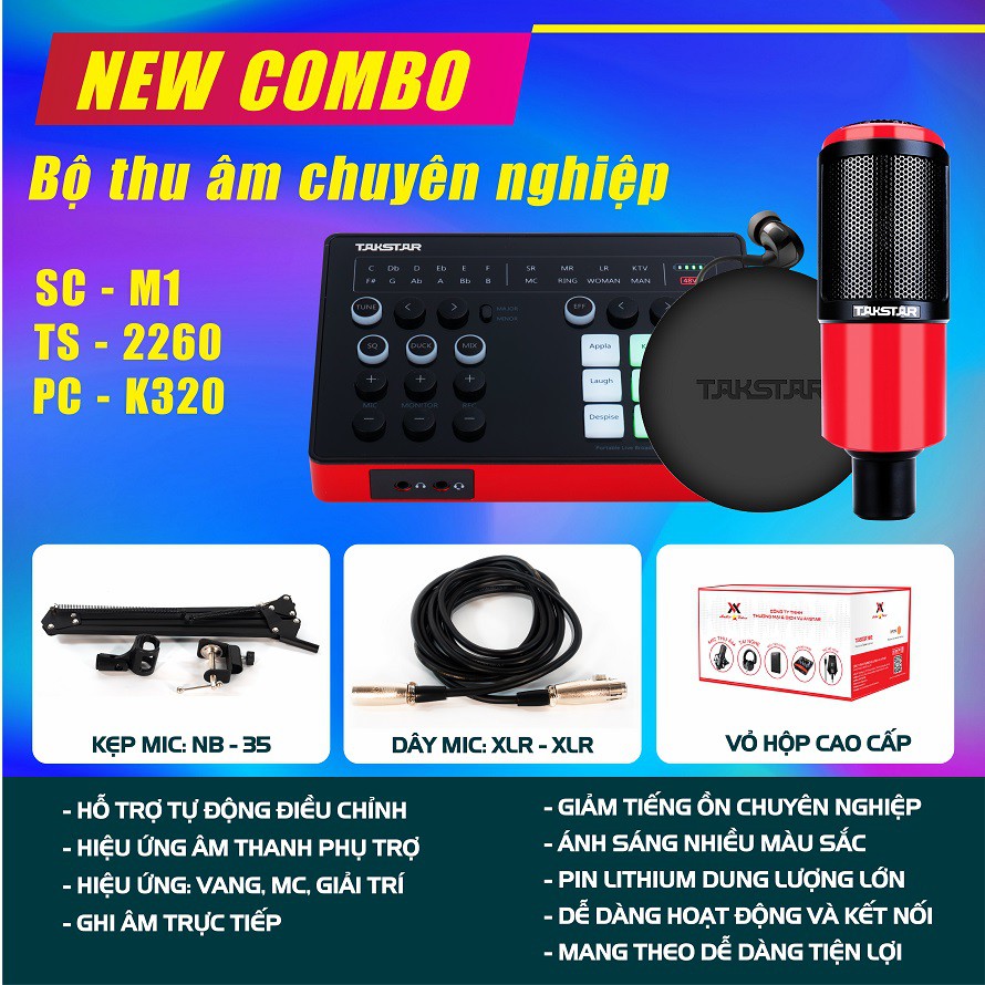 (FREESHIP)Trọn bộ combo thu âm,hát live stream chuyên nghiệp:SOUNDCARD SC-M1, MIC TAKSTAR PC-K320 và TAI NGHE TS-2260