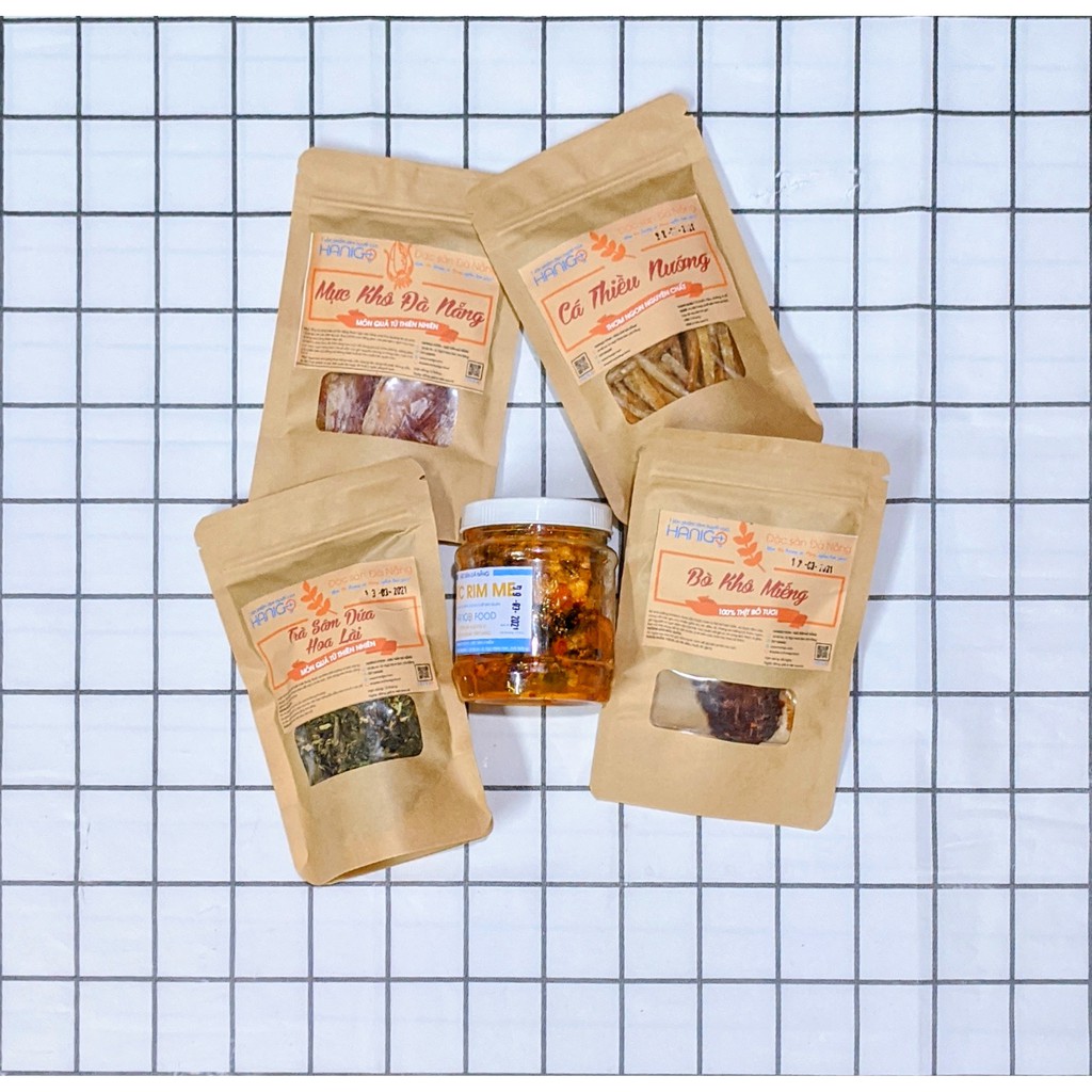 Combo Ngũ Vị Đà Thành - Hanigo Food: Mực Khô, Bò Khô Miếng, Cá thiều nướng, Trà Sâm Dứa, Mực Rim Me.