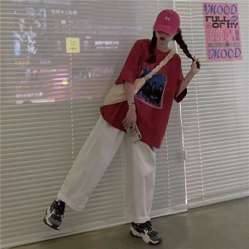 Sét Áo thun Đỏ + quần kaki trắng, Áo thun from rộng, Chất đẹp không xù, quần suông ống rộng, Sét bộ mặc ở nhà - MODY