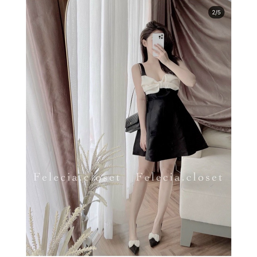 Đầm Hai Dây Đen 💖DEMISS💖 Váy Nữ Đen Phối Trắng Nơ Ngực Xinh Xỉu - V-Đen-Trắng-378