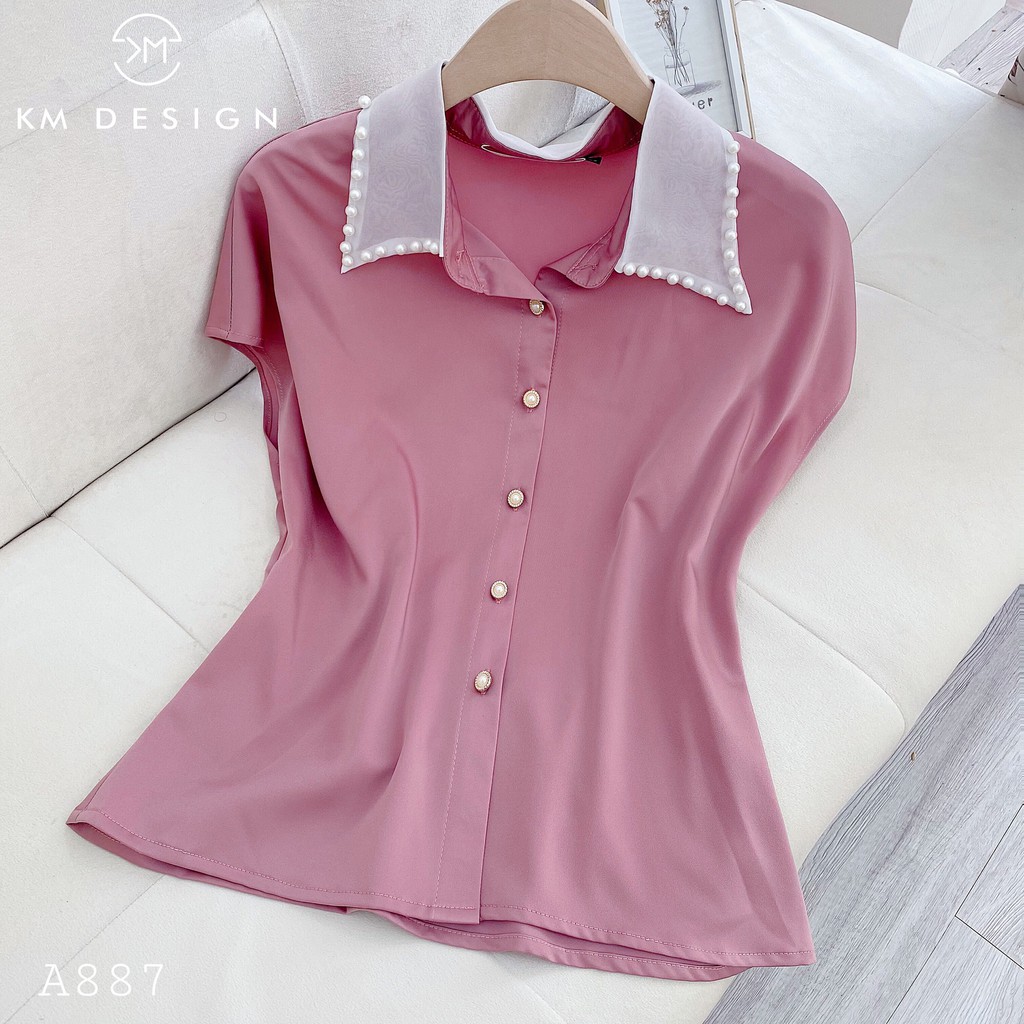 Áo sơ mi nữ cổ đính ngọc, áo lụa công sở ngắn tay A887 KYMIE