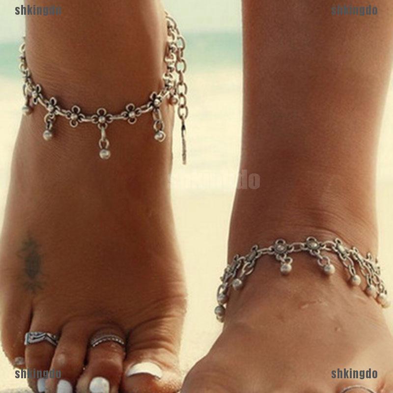 Vòng chân/ Vòng tay gắn chuông nhỏ họa tiết hoa màu bạc cổ điển