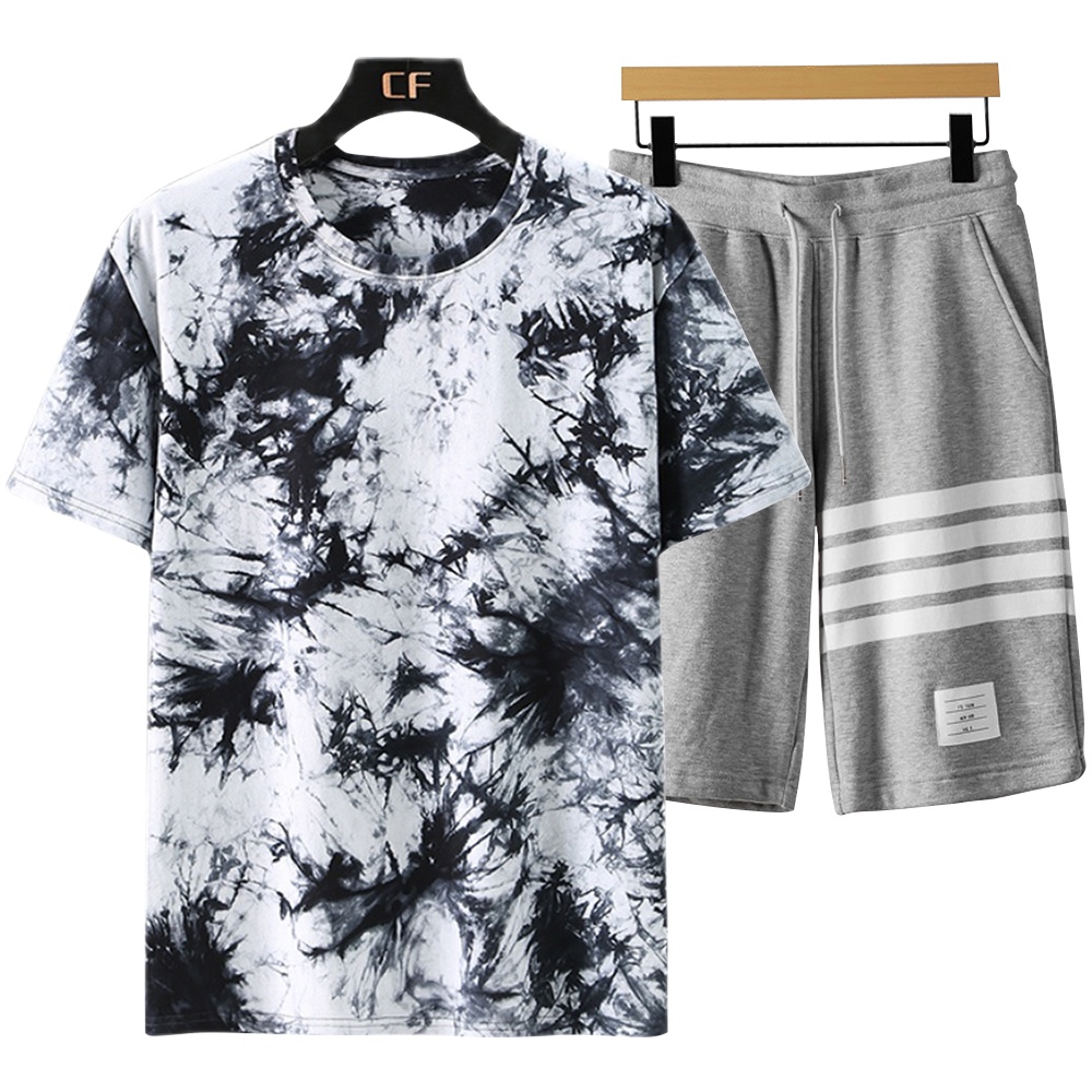 Combo Áo Thun Nam Trắng Loang Vằn Kết Hợp Quần Shorts Đùi Phối Sọc SET GHEP TOP 181 + SHORTS 16