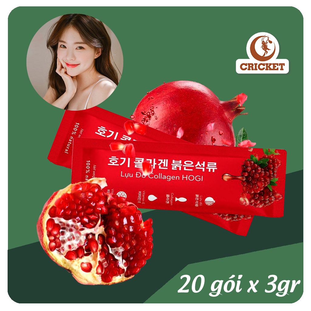 Lựu Đỏ Collagen Hogi Hộp 60g (20 gói x 3gr) - Bột collagen lựu giúp làm da căng mướt sáng hồng - CRICKET
