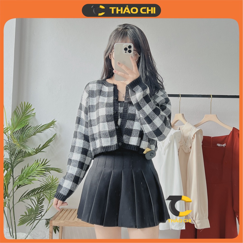 Áo khoác cardigan len kẻ caro kèm áo 2 dây mix đồ cực xinh