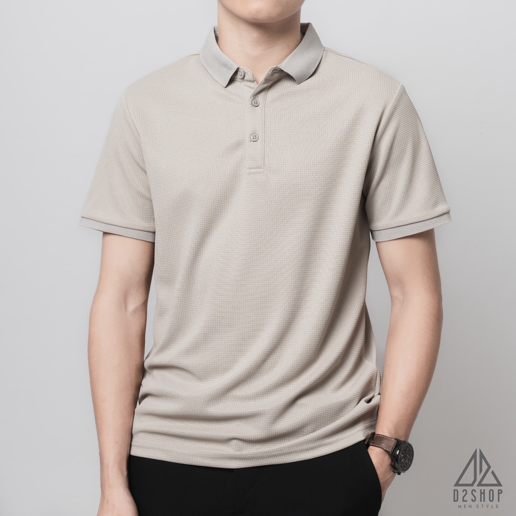 Áo thun polo nam D2shop, áo polo nam dệt kim, màu kem