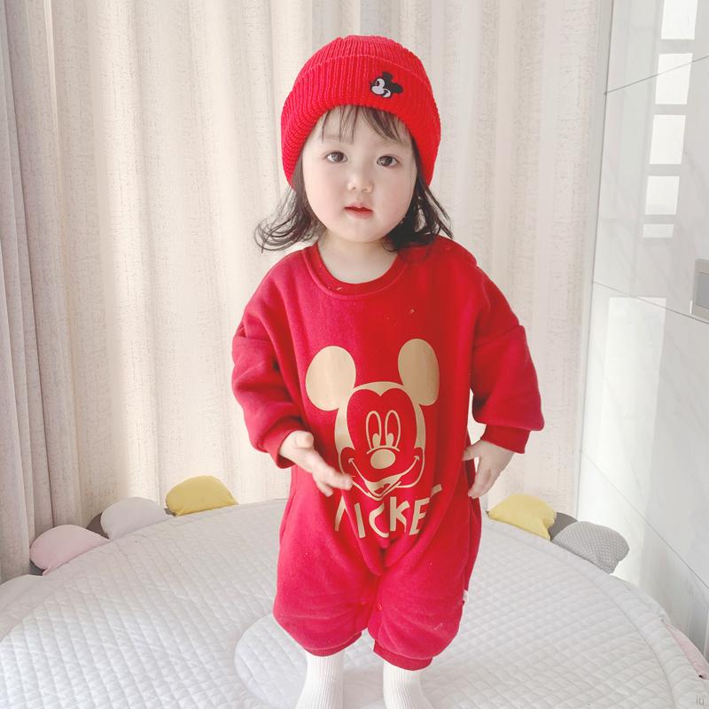 Bộ Áo Liền Quần Dài Tay In Hình Chuột Mickey Đáng Yêu Cho Bé