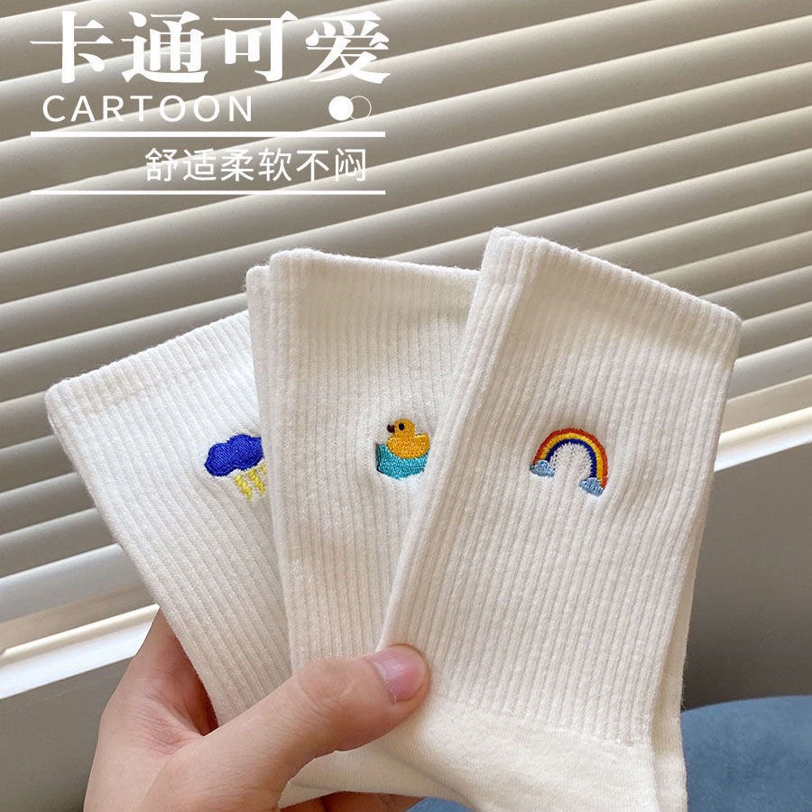 Tất Vớ Dài Cổ Cao Nam Nữ Trắng Cotton Thêu Hình Thời Tiết, vải dày dặn mềm mại, cotton thấm hút