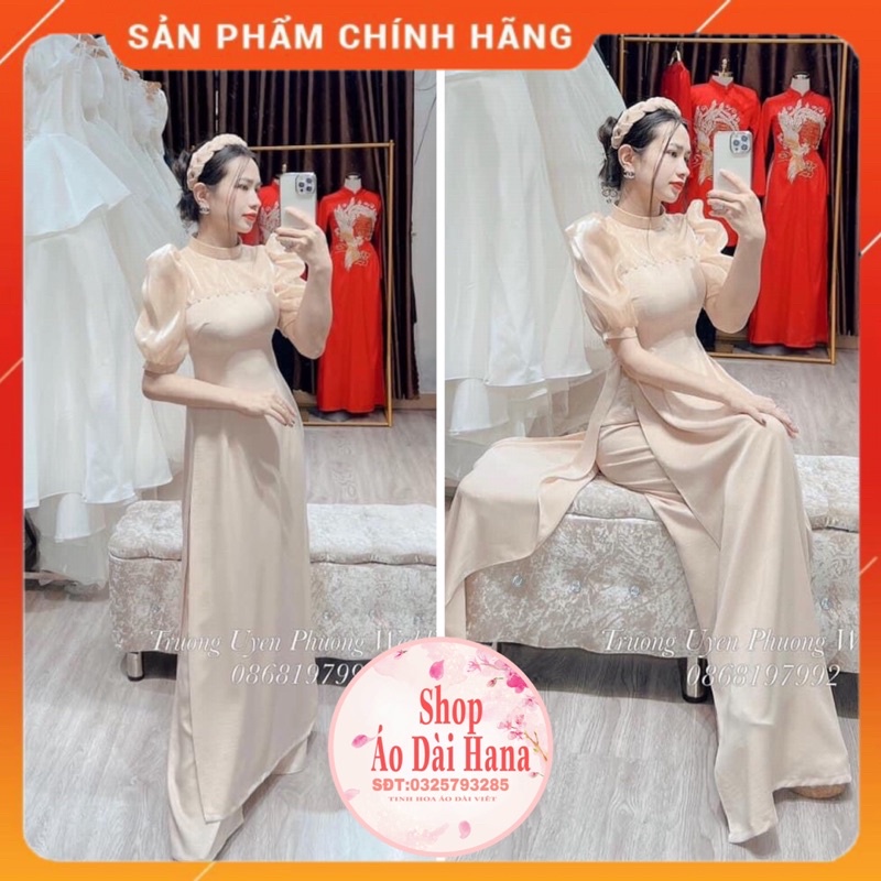 Áo dài nữ cách tân cổ trụ phần tay ngắn bo và thân phối tơ cách diệu, áo dài thiết kế may sẵn có các màu và các size ak
