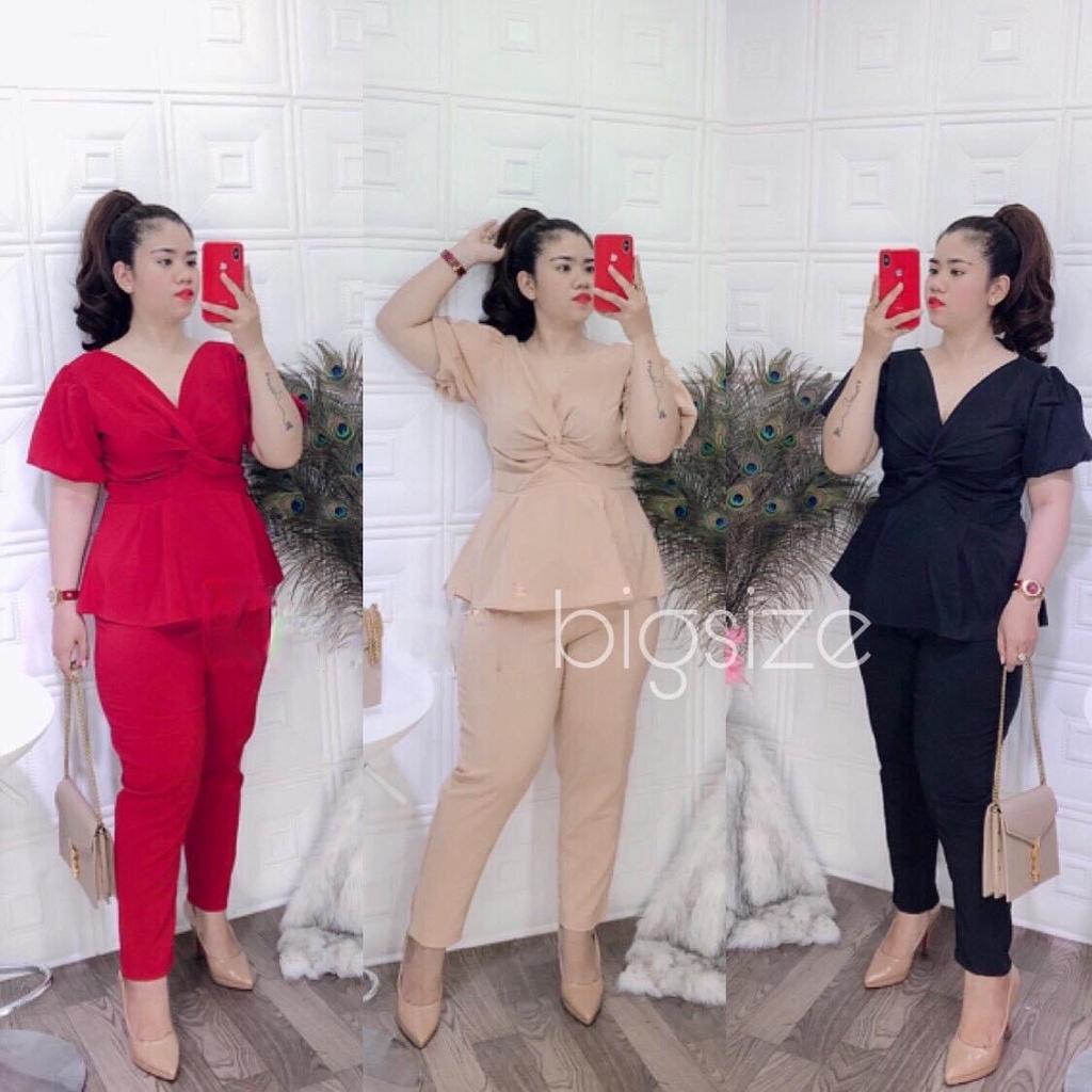 SET đồ bộ bigsize gồm áo peplum và quần lở 9 tấc chất thun dày dặn co dãn thoải mái, size L-XL-XXL, màu Đen_Đỏ_Nude