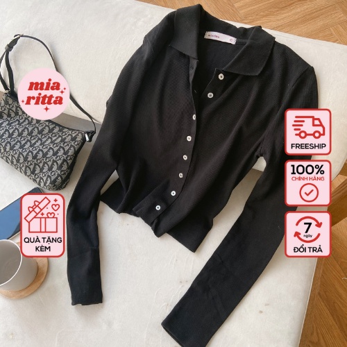 Áo len polo khuy trước đen Mia Ritta A3004