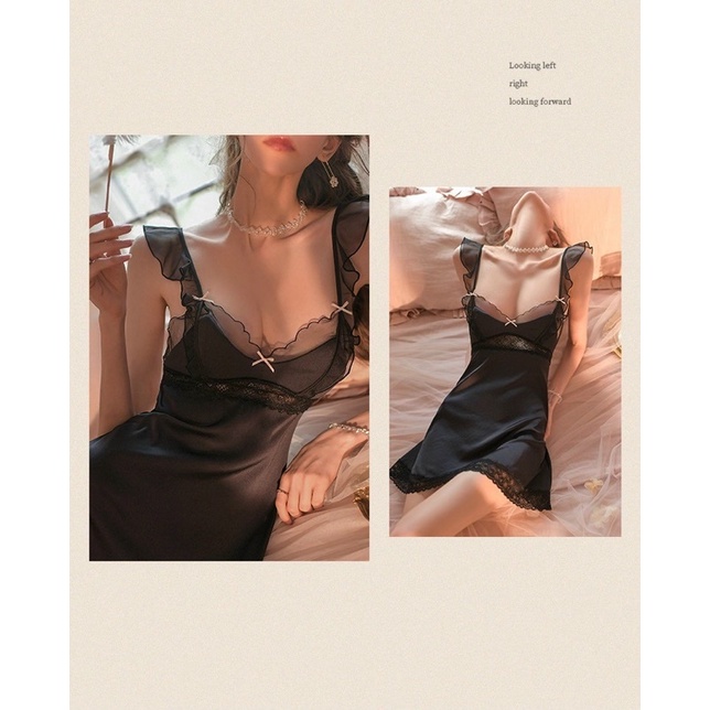 váy ngủ sexy cao cấp lụa Quảng Châu đen hở lưng 002