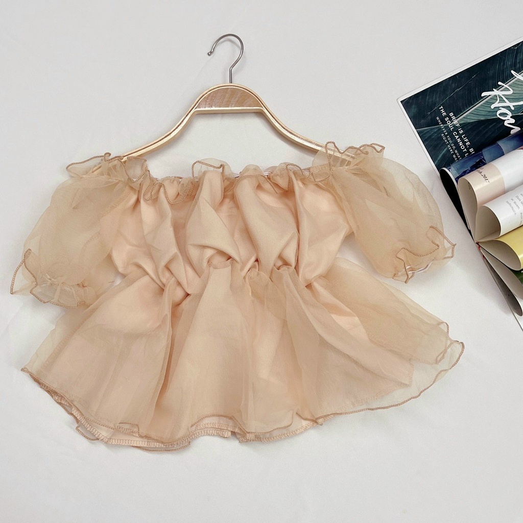 Áo kiểu nữ tay ngắn dễ thương, áo trễ vai h.àn quốc chất voan tơ 2 lớp bồng bềnh dày dặn - AO100 | BigBuy360 - bigbuy360.vn