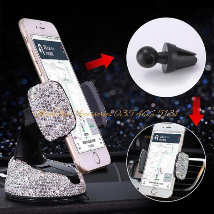 Kẹp Điện Thoại Đính Đá 360 Gắn Taplo, Đế Hít Chân Không Xe Ô Tô