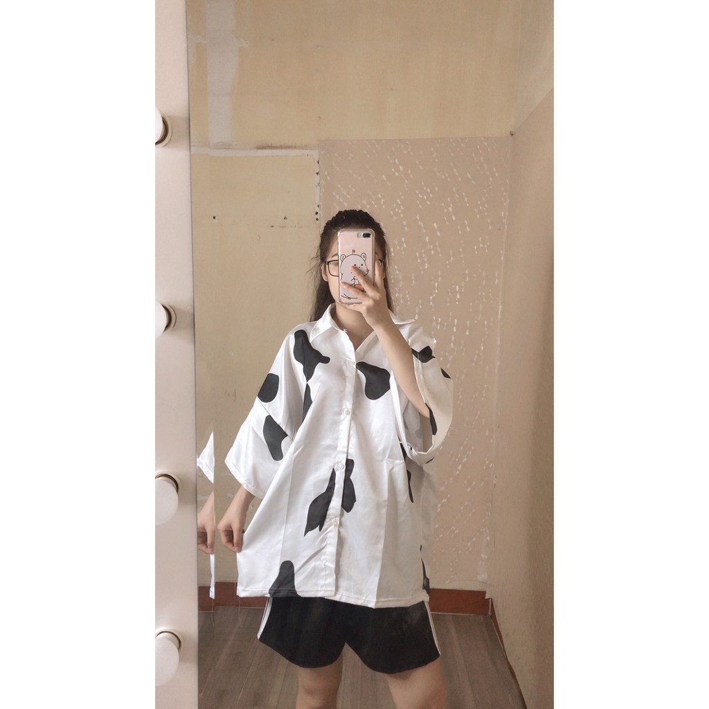 Áo sơ mi nam nữ Bape form rộng tay lỡ unisex loang bò sữa có túi ngực cổ bẻ oversize