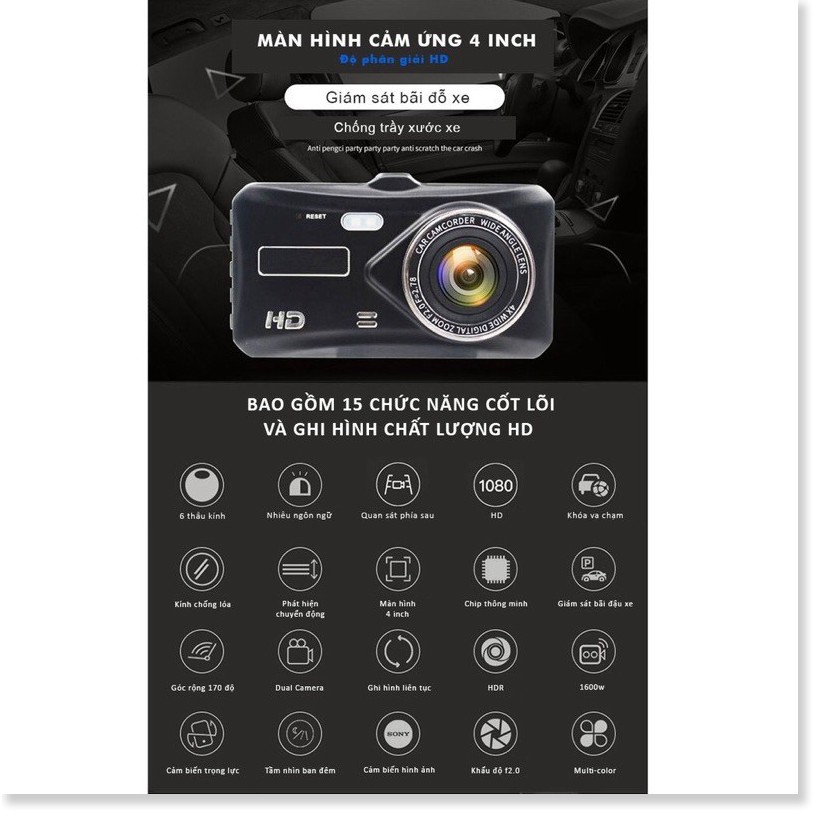 Camera Hành Trình Ô Tô Dual lens DVR, Màn Hình Cảm Ứng 4 Inch Full HD,Cam lùi rõ nét, Độ Phân Giải Cao Bảo Hành 12 Tháng