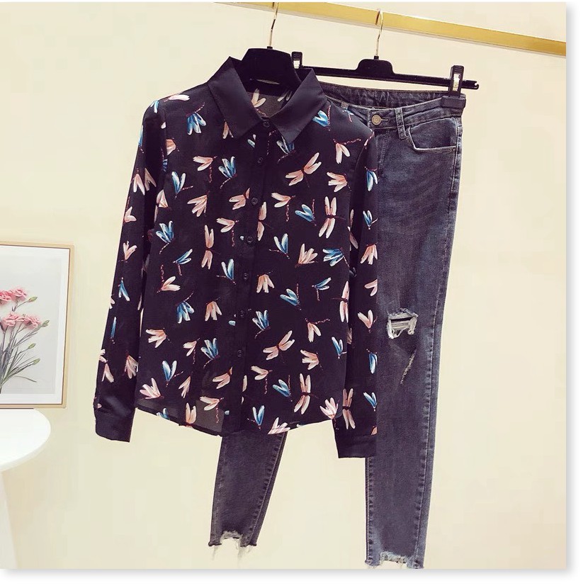 ÁO SƠ MI KIỂU NỮ HỌA TIẾT CON CHUỒN CHUỒN CỰC XINH CAO CẤP