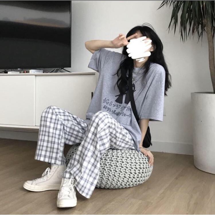 Set Quần Culottes & Áo Thun Samurai ❤️ Bộ quần cạp chun ống suông kẻ caro và áo thun Ulzzang form rộng ❤️