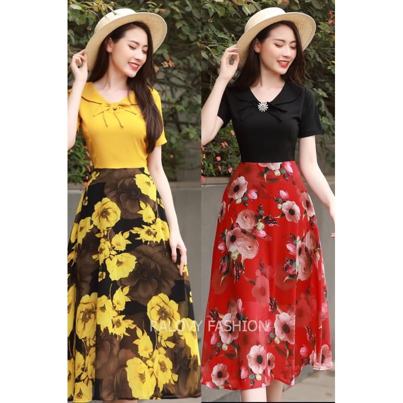 Vá đầm công sở thiết kế cao cấp - Mẫu váy xoè xéo chan hoa cổ sen