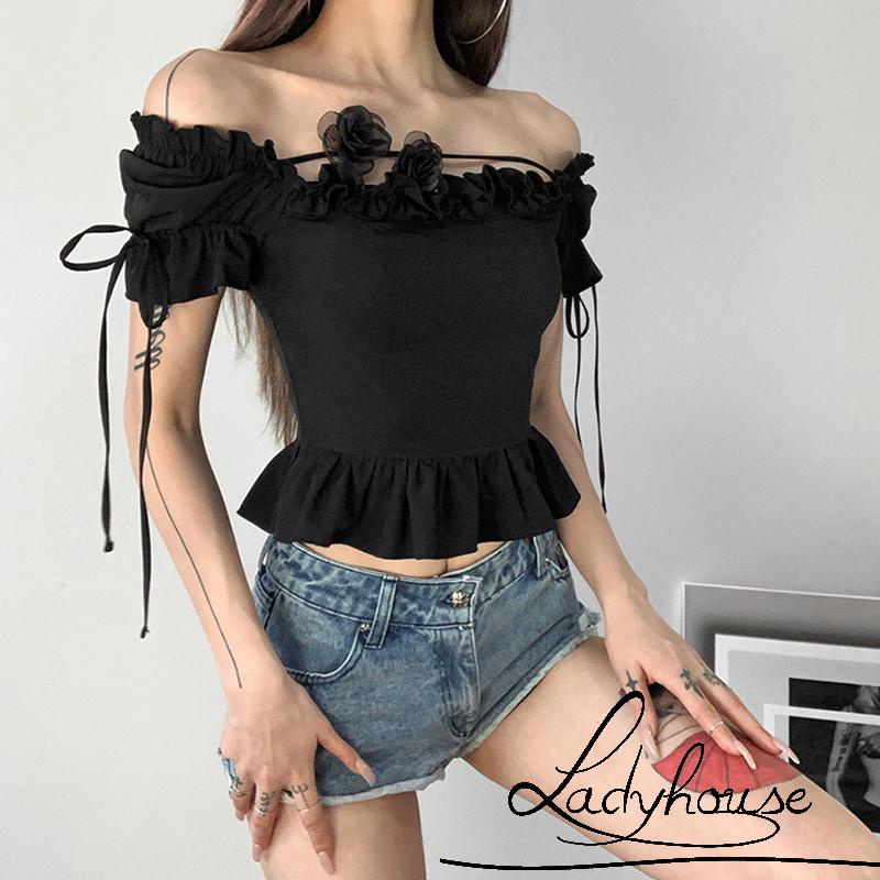 Áo Croptop Trễ Vai Tay Ngắn Màu Trơn Họa Tiết Hoa Thời Trang Mùa Hè Cho Nữ