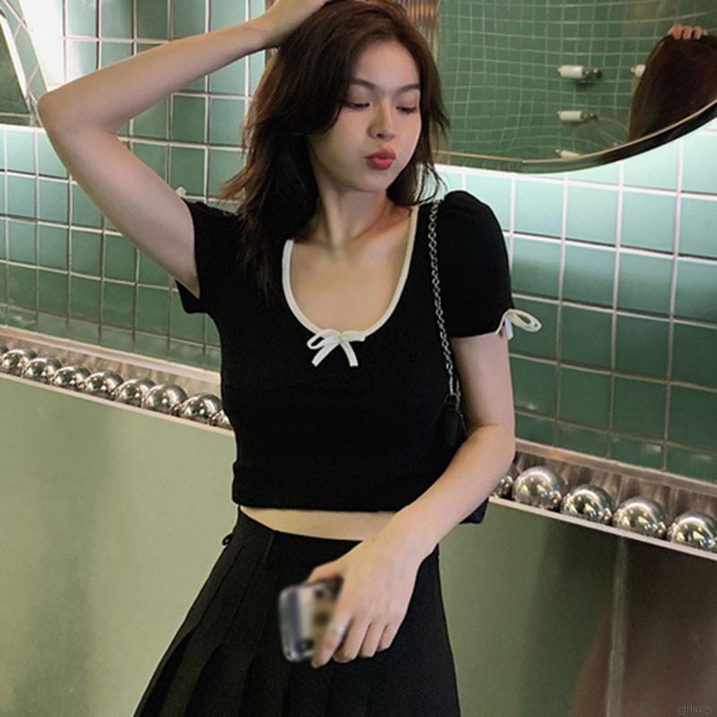 Áo Thun Tay Ngắn Cổ Chữ U Phối Nơ Xinh Xắn Phong Cách Hàn Quốc Dành Cho Bạn Gái