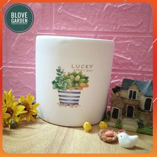 Chậu sứ Bát Tràng hình Trụ to 12x12cm Dán Decal  LUCKY
