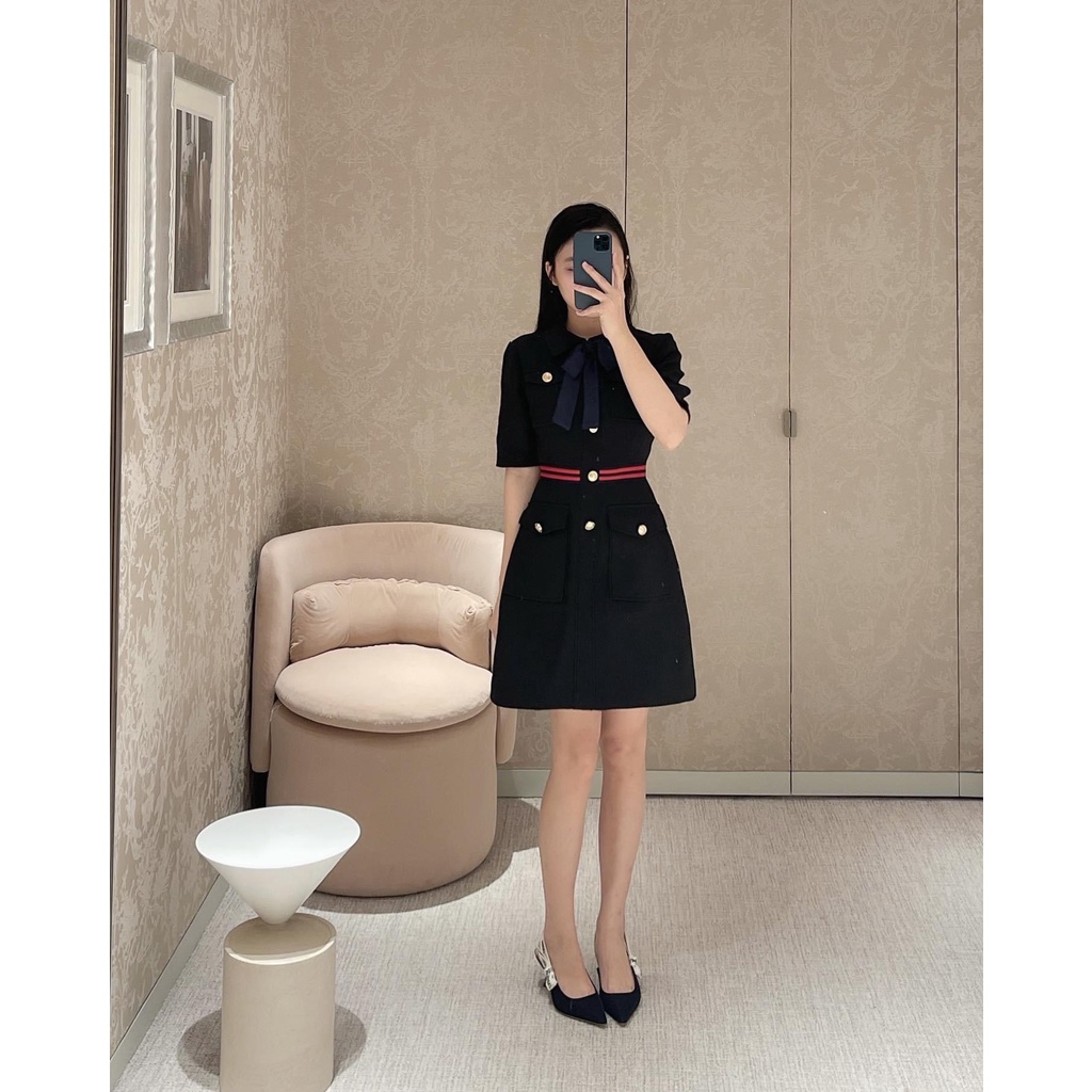 Đầm cổ sen túi hộp thắt nơ💖 KÈM ẢNH THẬT