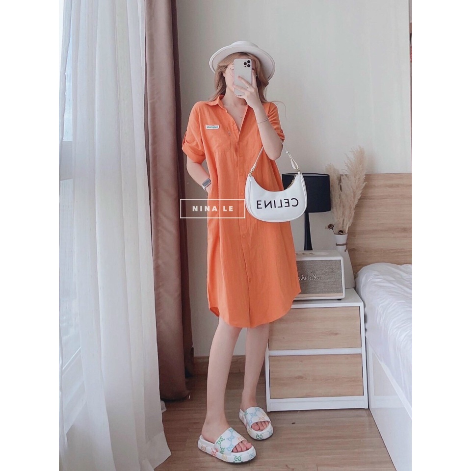 Đầm sơ mi in hình mickey sau lưng, đầm from rộng tay ngắn bẻ lai dáng dài dạo phố trẻ trung