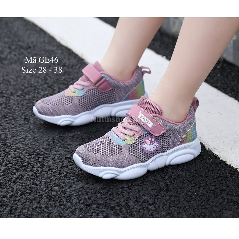 Giày thể thao cho bé gái màu tím siêu nhẹ kiểu dáng họa tiết kitty đáng yêu nhiều size cho bé từ 4 - 15 tuổi GE46