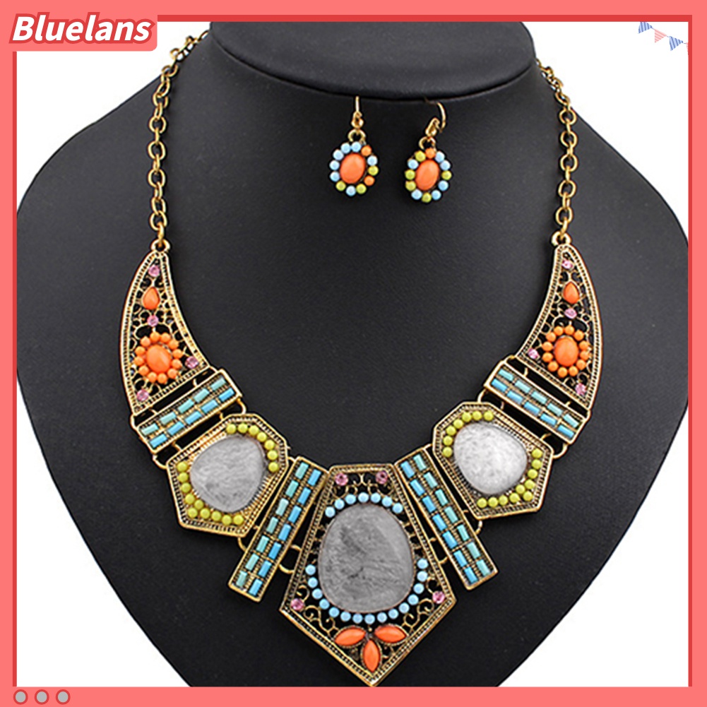 Bộ dây chuyền + bông tai Boho đính đá nhiều màu sắc