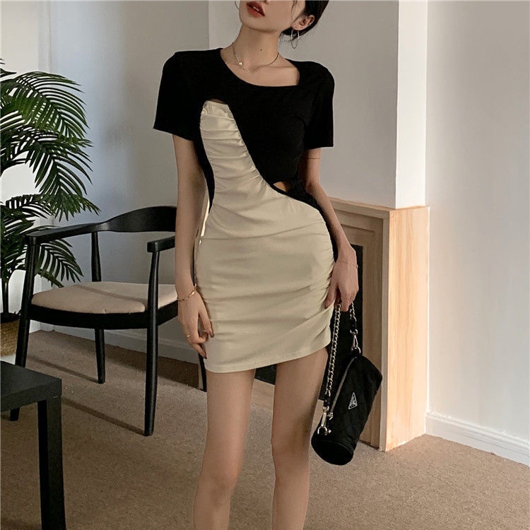 COZOK Đầm Tay Ngắn Thiết Kế Không Đồng Đều Xinh Xắn Thời Trang
