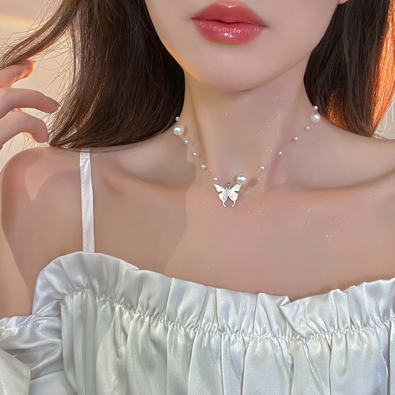 Vòng cổ Bạc Mặt Hình Bướm Đính Ngọc Trai Thanh Lịch Cho Nữ