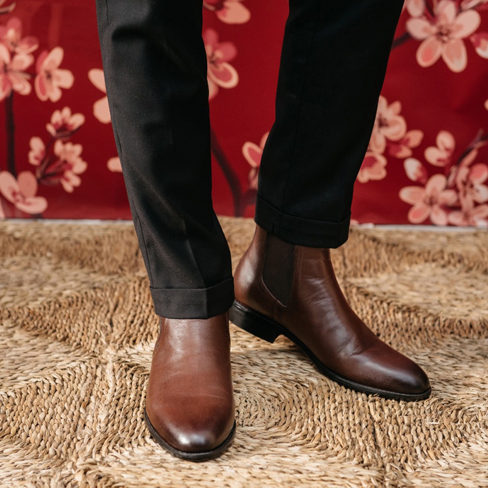 Giày cao cổ nam da trơn màu nâu chelsea boot