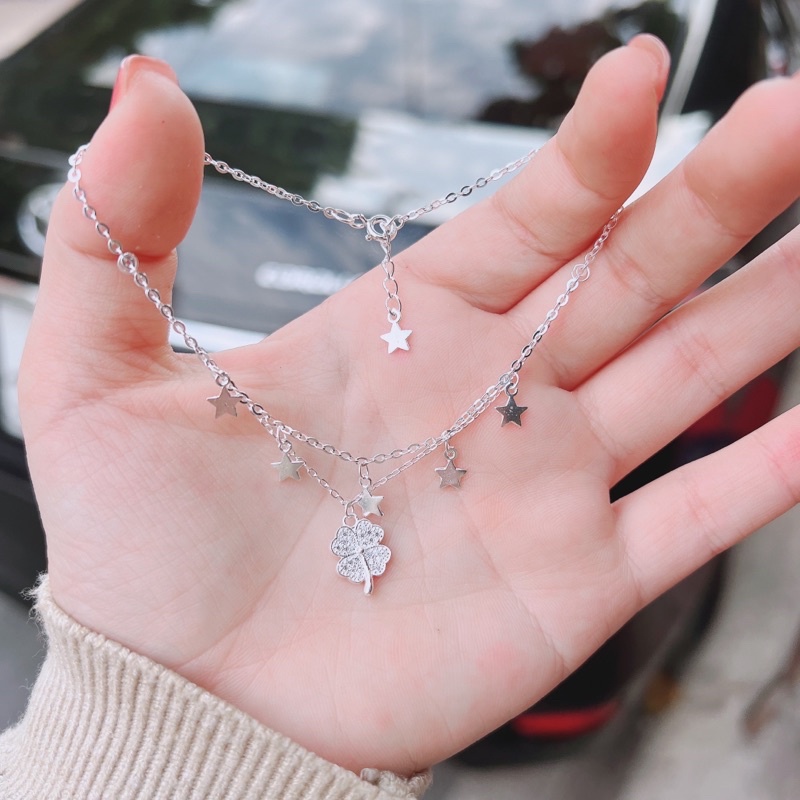 Lắc chân bạc ta DaLiA Jewelry dây kép cỏ 4 bốn lá bền chặt