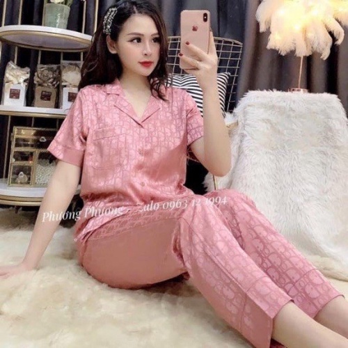 Bộ Pijama Cao Cấp Chất Lụa Gấm Tay cộc - Quần Dài