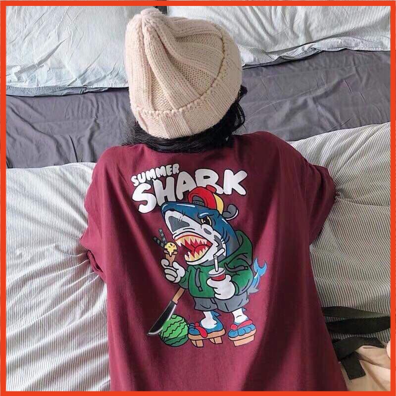 Áo Thun Unisex Nam - Nữ Phôm Rộng In Hình Cá Mập Shark (45-75kg)