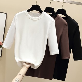 S-2xl Phiên Bản Hàn Quốc Xuân Thu Slim-fit Màu Trơn Ba Phần Tư Áo Thun Nữ Cotton Nguyên Chất Nửa Tay Phù Hợp Giữa