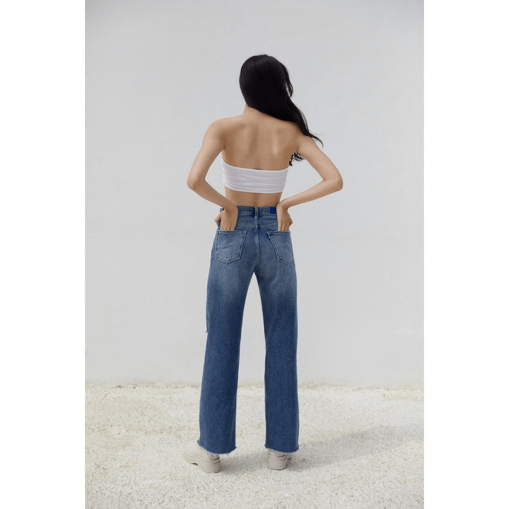 TheBlueTshirt - Quần Jeans Nữ Ống Rộng Rách Gối Màu Đậm - Cheeky Chic Wide Leg Jeans - Dark Blue Wash