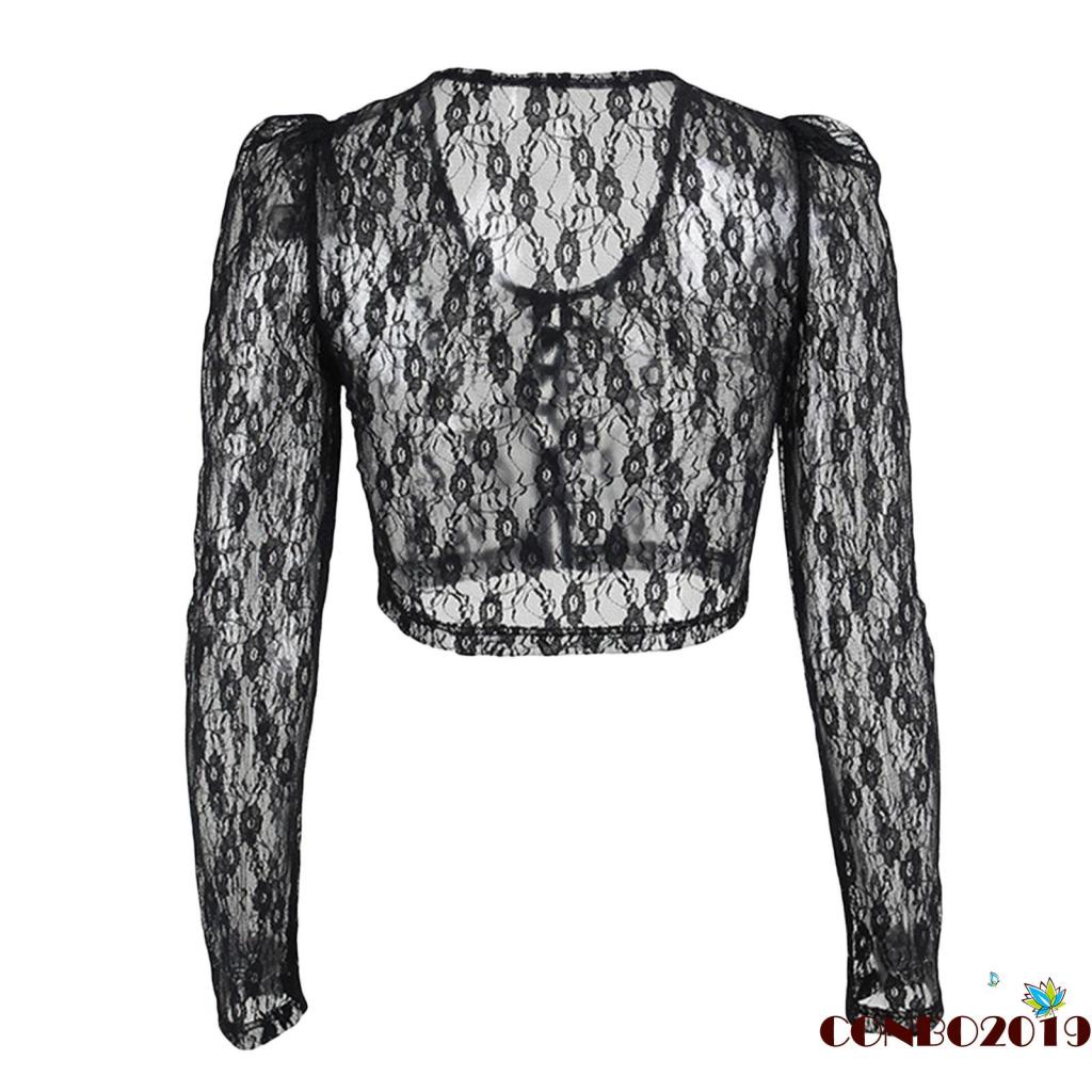 Áo Thun Crop Top Ren Mỏng Tay Dài Cổ Chữ V Cài Nút Gợi Cảm Cho Nữ
