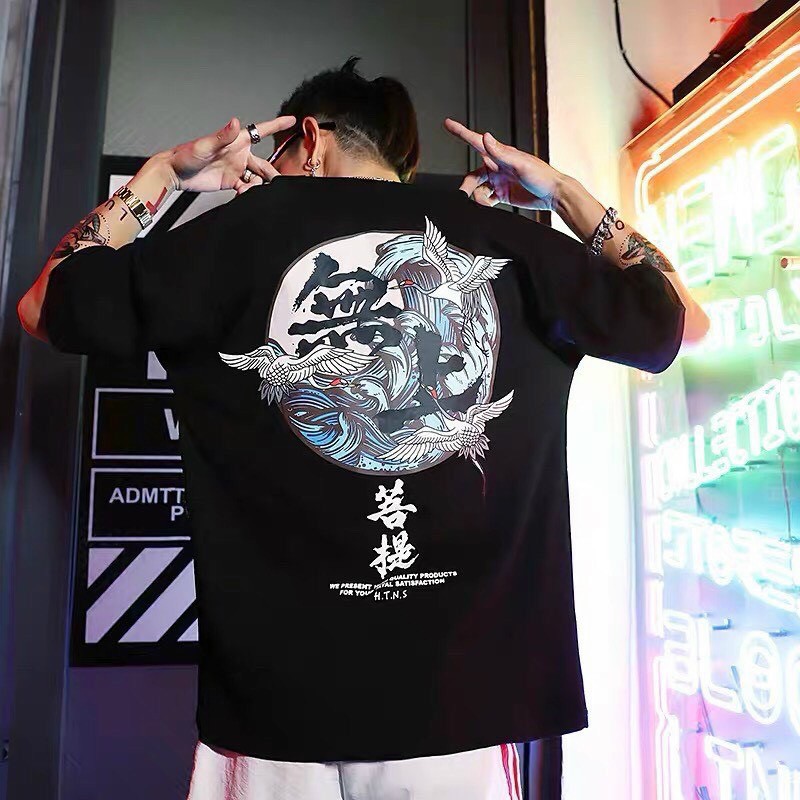 ÁO THUN NAM NỮ TAY LỠ DƯỚI 70KG LẠI VỀ THUN COTON HỌA TIẾT CHIM HẠC