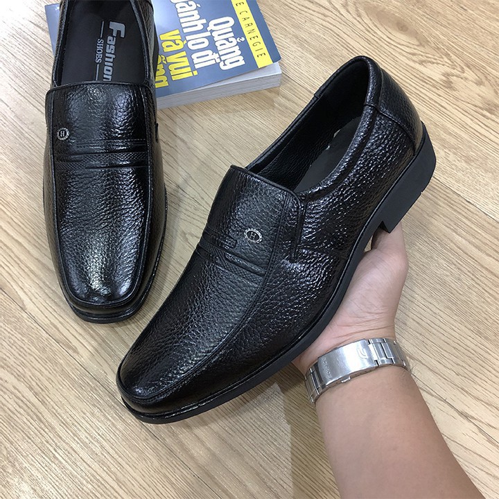 Giày Lười Nam Trung Tuổi Da Bò Đen Cao Cấp - Đế Cao Su Khâu Chắc Chắn - Mã K216